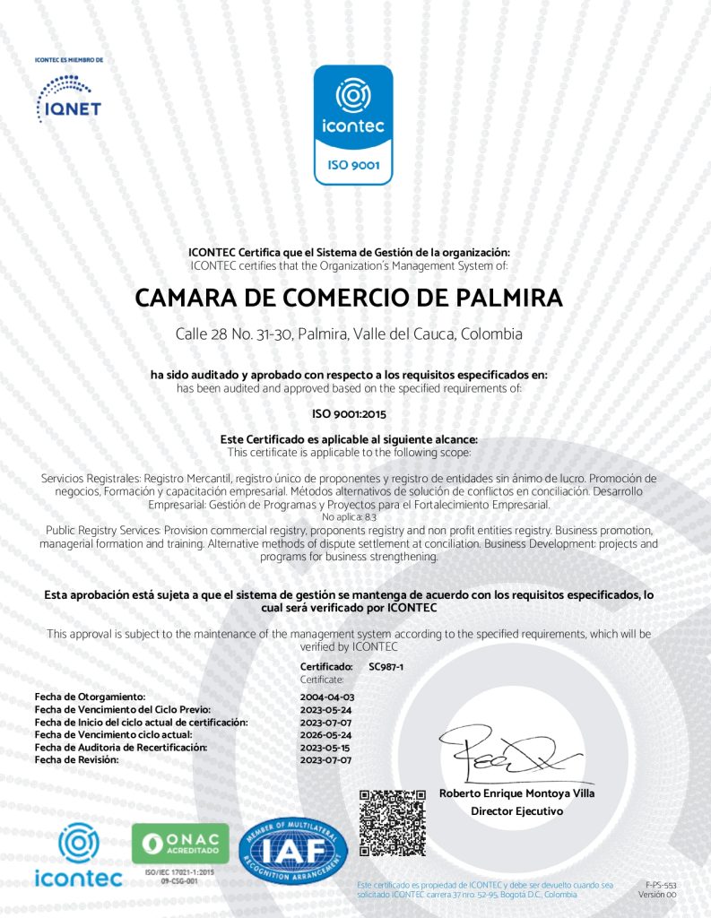 Certificado Icontec Cámara de Comercio de Palmira 2023