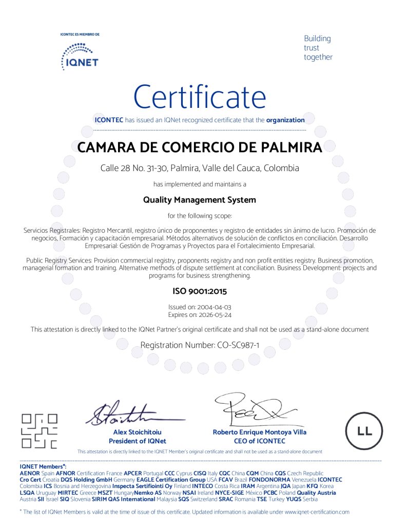 Certificado IQNET Cámara de Comercio de Palmira